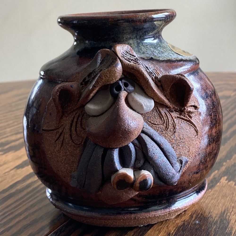 Vintage 1980 Mahon Art Pottery Smoking Man Funny Face Stoneware Vase Jug Signed